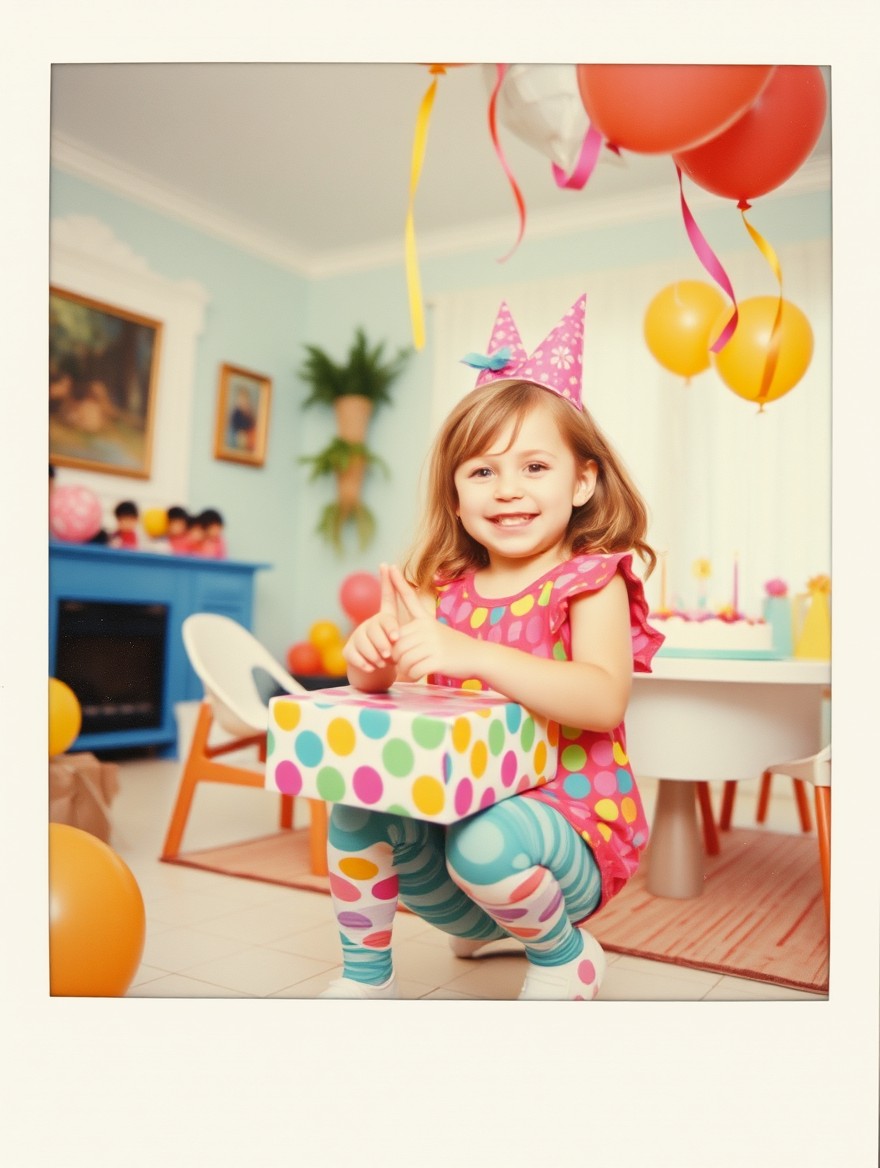 A candid Polaroid picture featuring a 6-year-old girl with a big smile, excitedly opening a birthday present in a vibrant 90s American home