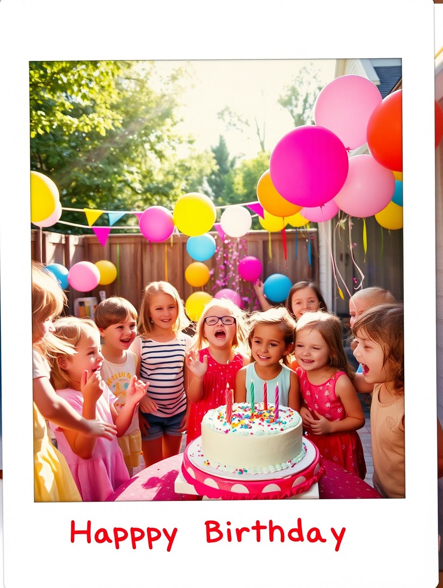 A vibrant and joyful candid Polaroid picture capturing a children’s birthday party scene