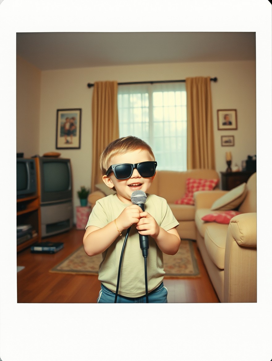 A nostalgic Polaroid-style instant film photo of a joyful 5-year-old child wearing stylish sunglasses and singing into a handheld microphone in a typical 1990s American suburban living room