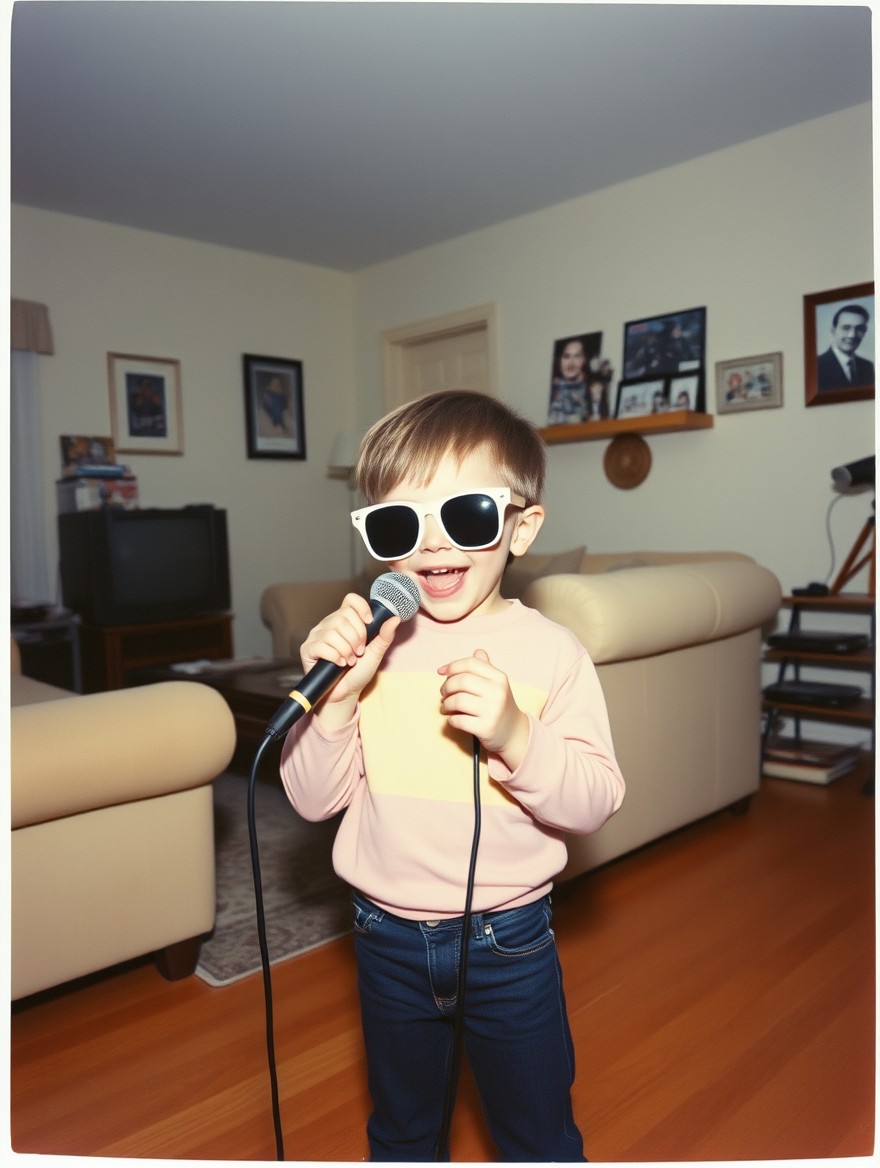 A nostalgic Polaroid-style instant film photo of a cheerful 5-year-old child wearing stylish sunglasses and singing into a handheld microphone in a cozy 1990s American suburban living room