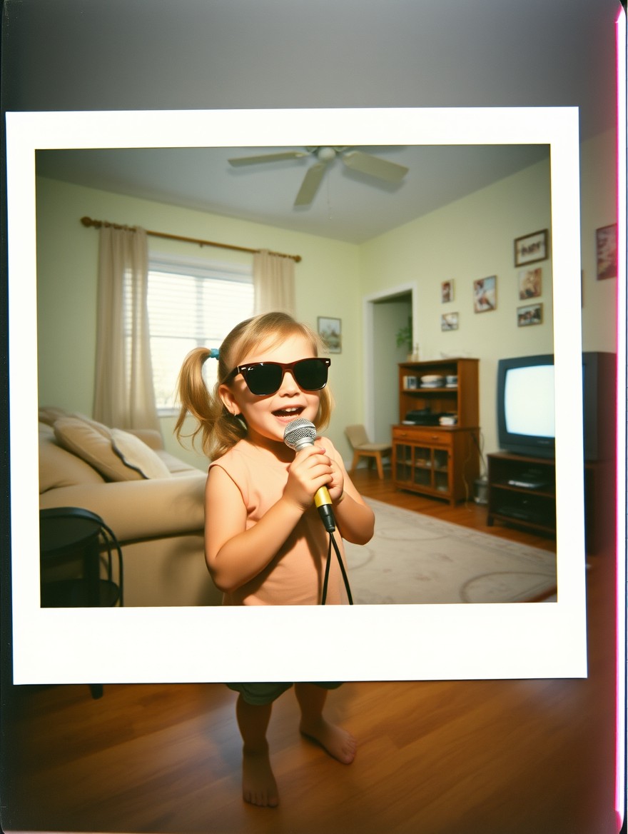 A charming Polaroid-style instant film photo of a cheerful 5-year-old girl wearing stylish sunglasses and singing into a handheld microphone in a typical 1990s American suburban living room
