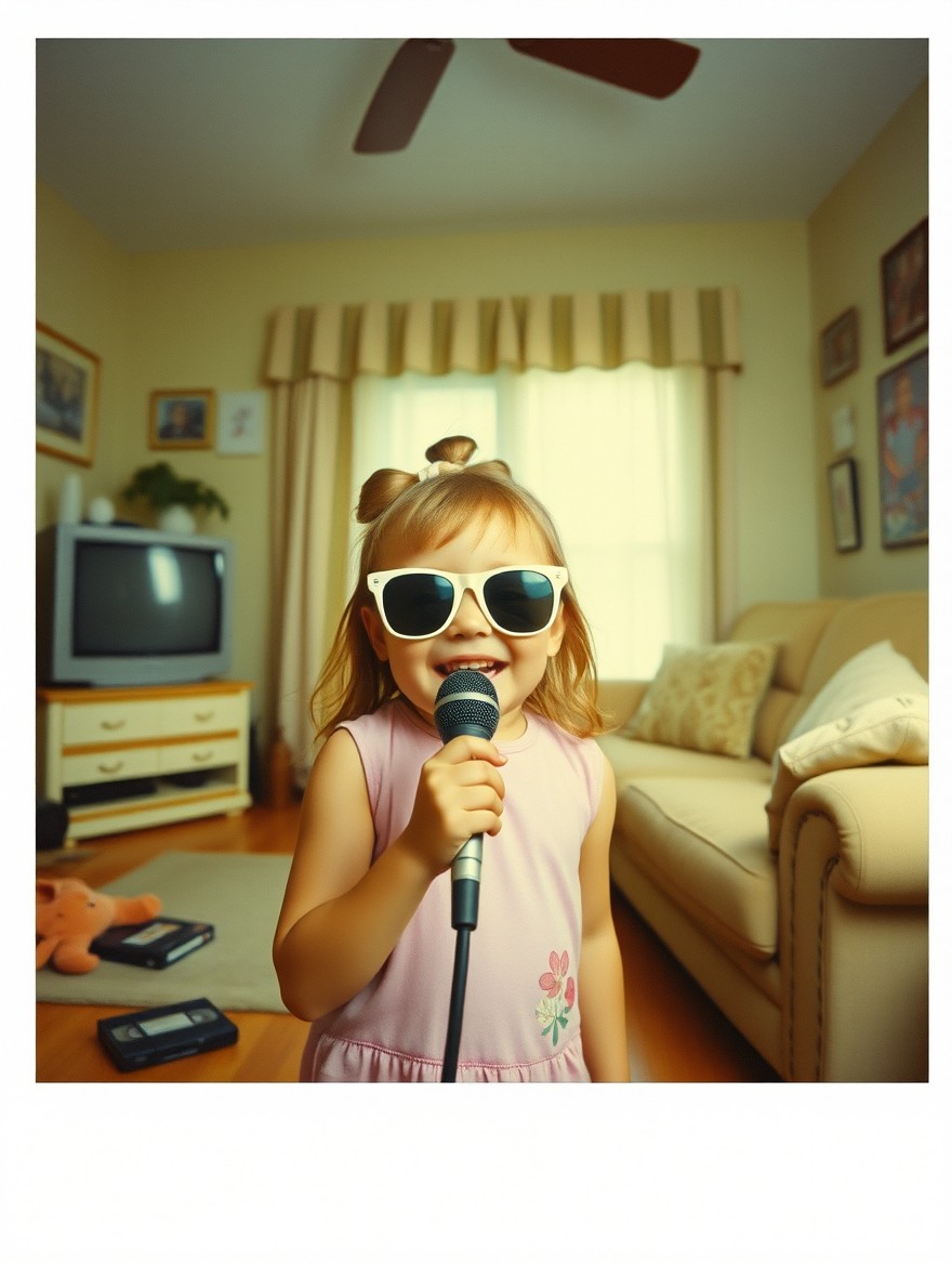 A nostalgic Polaroid-style instant film photo of a cheerful 5-year-old girl wearing stylish sunglasses and singing into a handheld microphone in a typical 1990s American suburban living room