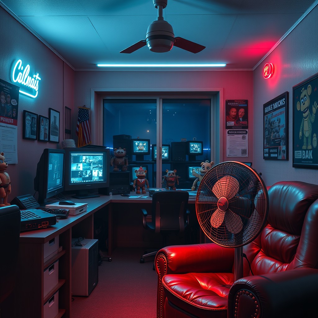 A cool and updated office inspired by Five Nights at Freddy's, featuring an eerie yet inviting atmosphere with retro-style animatronics in the background