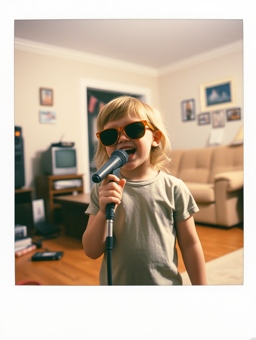 A delightful Polaroid-style instant film photo of a joyful 5-year-old girl wearing fashionable sunglasses, singing into a handheld microphone in a classic 1990s American suburban living room