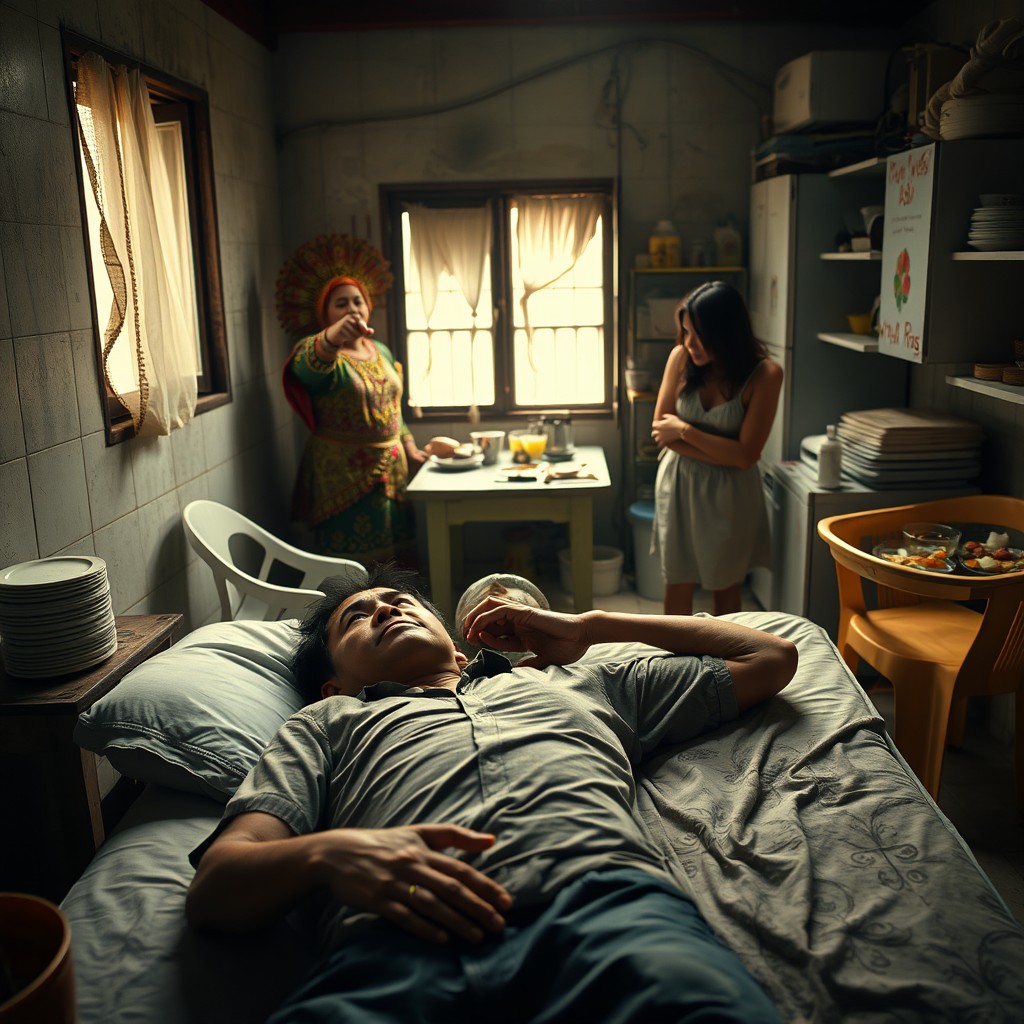A medium shot in a cramped room depicting a frustrated Indonesian man in his 30s lying on a worn mattress, staring at the ceiling in exasperation