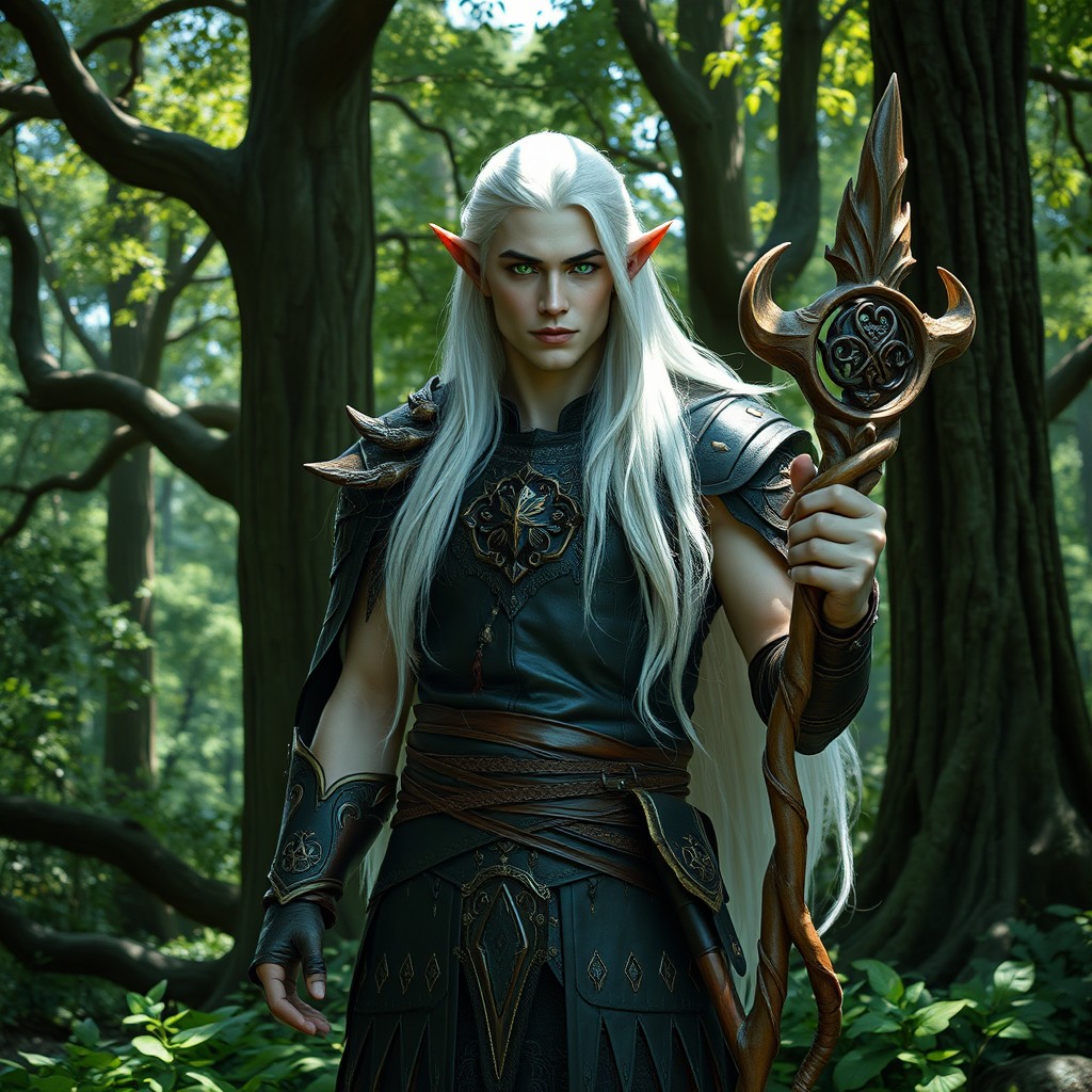 A male night elf druid with long, flowing white hair and glowing luminous green eyes, dressed in intricately designed leather armor that complements his ethereal appearance