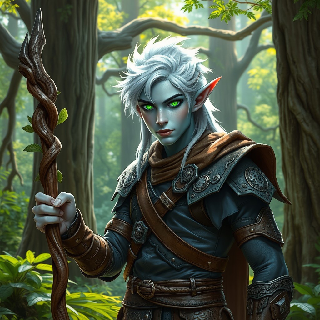 A young male night elf druid with striking white hair and bluish skin, showcasing luminous green glowing eyes that emanate a sense of wisdom