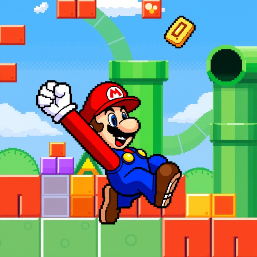 A vibrant, pixel art representation of the iconic Super Mario sprite from 1991, featuring Mario in his classic red hat and blue overalls, with a joyful expression