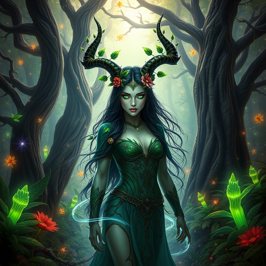 A powerful and alluring demoness druid, standing in a mystical forest filled with vibrant, glowing plants and ancient trees