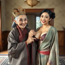 Inside a room reflecting the aesthetics of the Ming Dynasty, an elderly Chinese woman, petite and emaciated at 50 years old, is depicted wearing a long, fully closed Buddhist robe