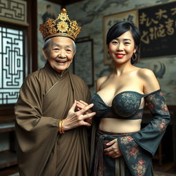 Inside a room inspired by the Ming Dynasty, an elderly Chinese woman, notably short and emaciated at 50 years old, is depicted wearing a long, fully closed Buddhist robe