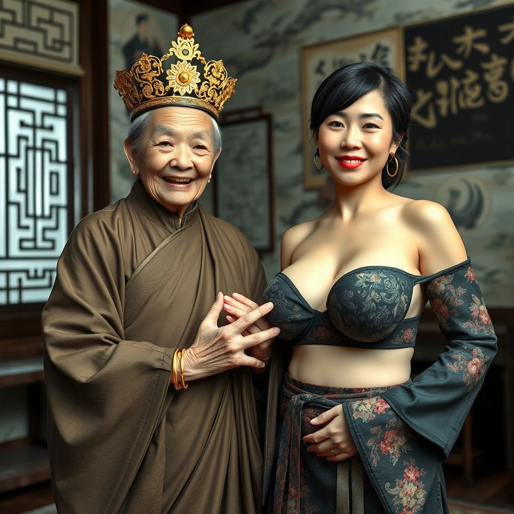 Inside a room inspired by the Ming Dynasty, an elderly Chinese woman, notably short and emaciated at 50 years old, is depicted wearing a long, fully closed Buddhist robe