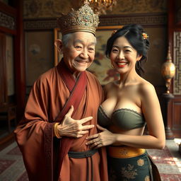 Inside a room inspired by the Ming Dynasty, an elderly Chinese woman, notably short and emaciated at 50 years old, is depicted wearing a long, fully closed Buddhist robe