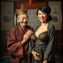 Inside a room inspired by the Ming Dynasty, an elderly Chinese woman, notably short and emaciated at 50 years old, is depicted wearing a long, fully closed Buddhist robe