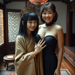 Inside a room inspired by the aesthetics of the Ming Dynasty, a 19-year-old Chinese woman, notably petite and emaciated, is depicted wearing a long, fully closed Buddhist robe