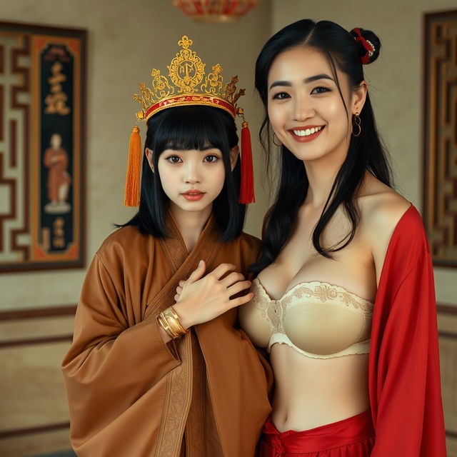 Inside a room inspired by the aesthetics of the Ming Dynasty, a 19-year-old Chinese woman, notably petite and emaciated, is depicted wearing a long, fully closed Buddhist robe