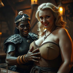 In a medieval tavern, a striking scene presents a young African woman, petite and malnourished at 30 years old, with deeply dark skin and an anemic gaze, embodying a demonic and monstrous presence