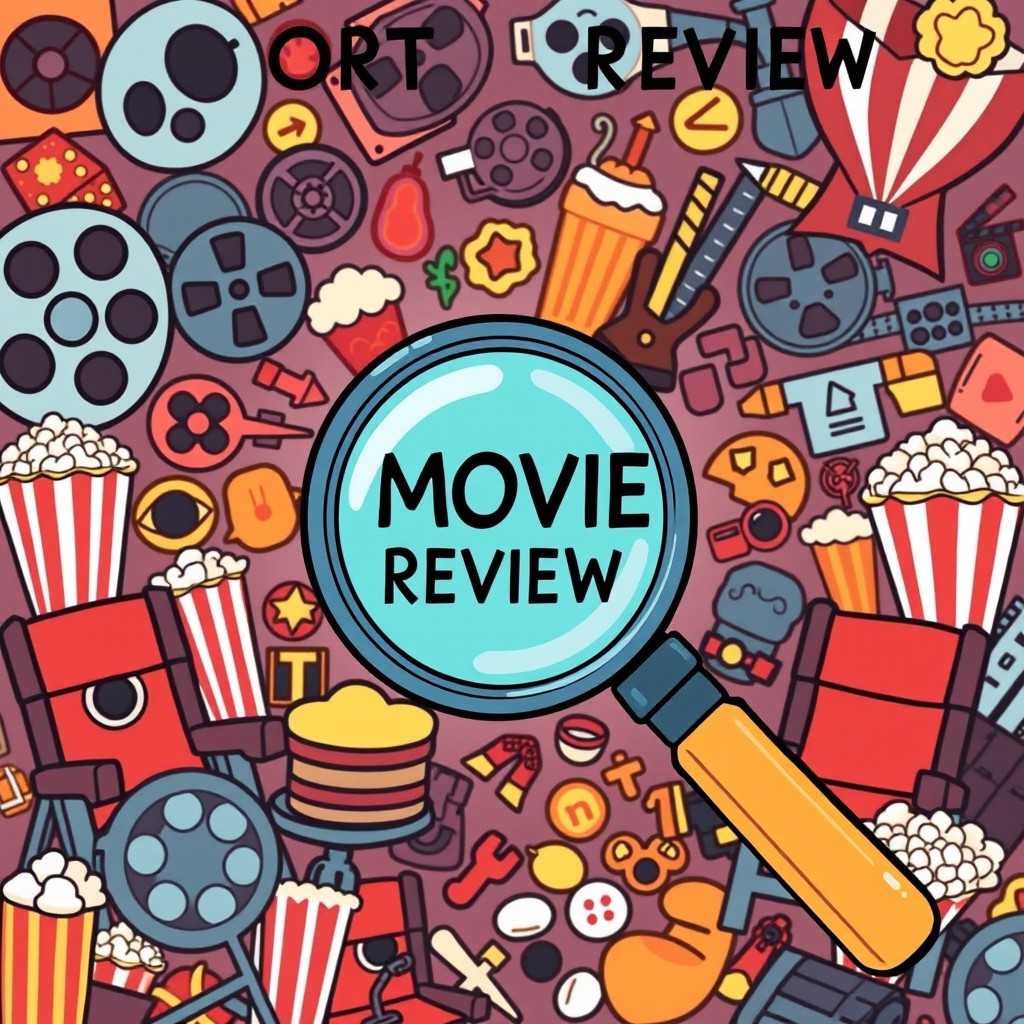 An engaging podcast cover photo designed for a short movie review show, featuring a prominent cartoon magnifying glass in the center, symbolizing analysis and scrutiny