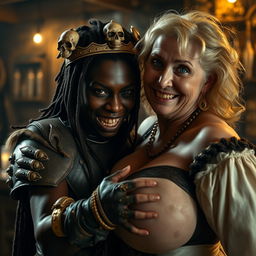 In a medieval bar, a captivating and striking scene unfolds featuring a 19-year-old petite African woman, malnourished, with deeply dark skin and an anemic gaze, exuding a demonic and monstrous aura