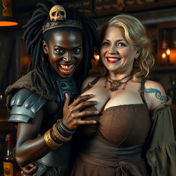 In a medieval bar, a captivating and striking scene unfolds featuring a 19-year-old petite African woman, malnourished, with deeply dark skin and an anemic gaze, exuding a demonic and monstrous aura