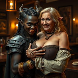In a medieval bar, a captivating scene unfolds featuring a 19-year-old petite African woman, malnourished with deeply dark skin and an anemic gaze, exuding a demonic and monstrous aura