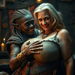 In a medieval bar, a captivating scene unfolds featuring a 19-year-old petite African woman, malnourished with deeply dark skin and an anemic gaze, exuding a demonic and monstrous aura