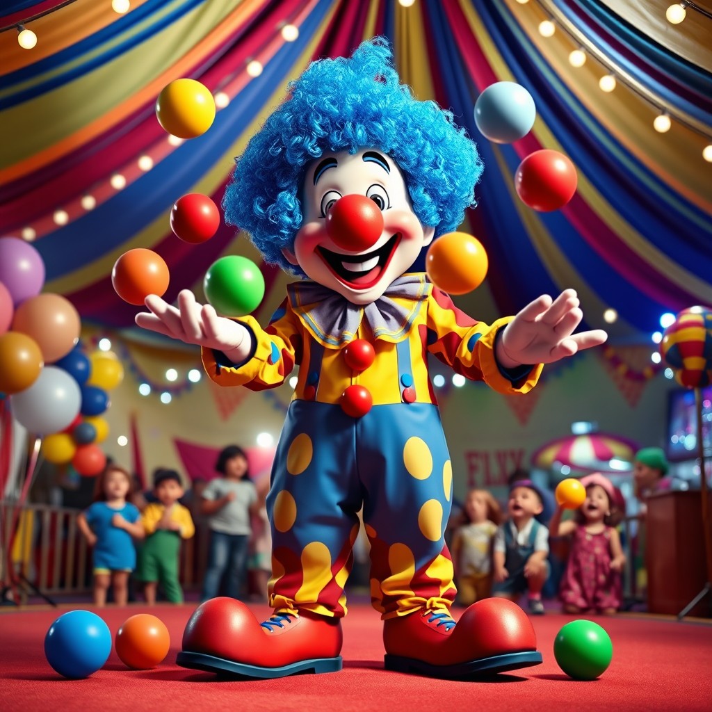 A cheerful clown character, wearing a colorful outfit with oversized shoes, a big red nose, and bright blue curly hair