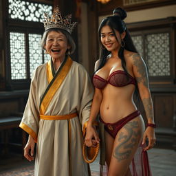 In a medieval room, a striking scene unfolds featuring a 50-year-old Chinese woman, petite and extremely malnourished