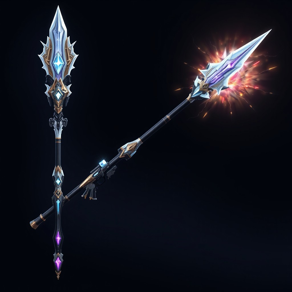 A magnificent magical gun named 'Elbavus Skippy' that fuses technology and magic, crafted by the genius blacksmith Hao xve