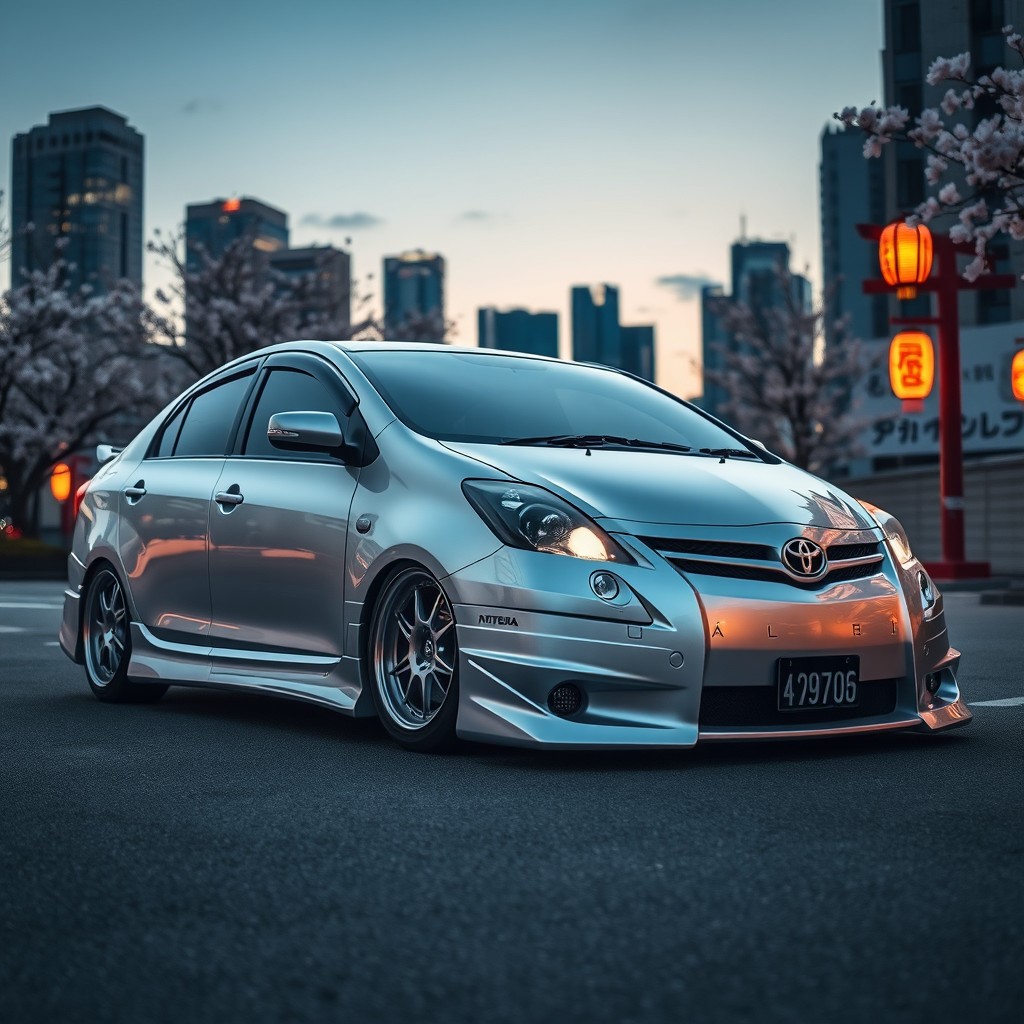 A modified 2007 silver Toyota Premio showcasing Japanese tuning style