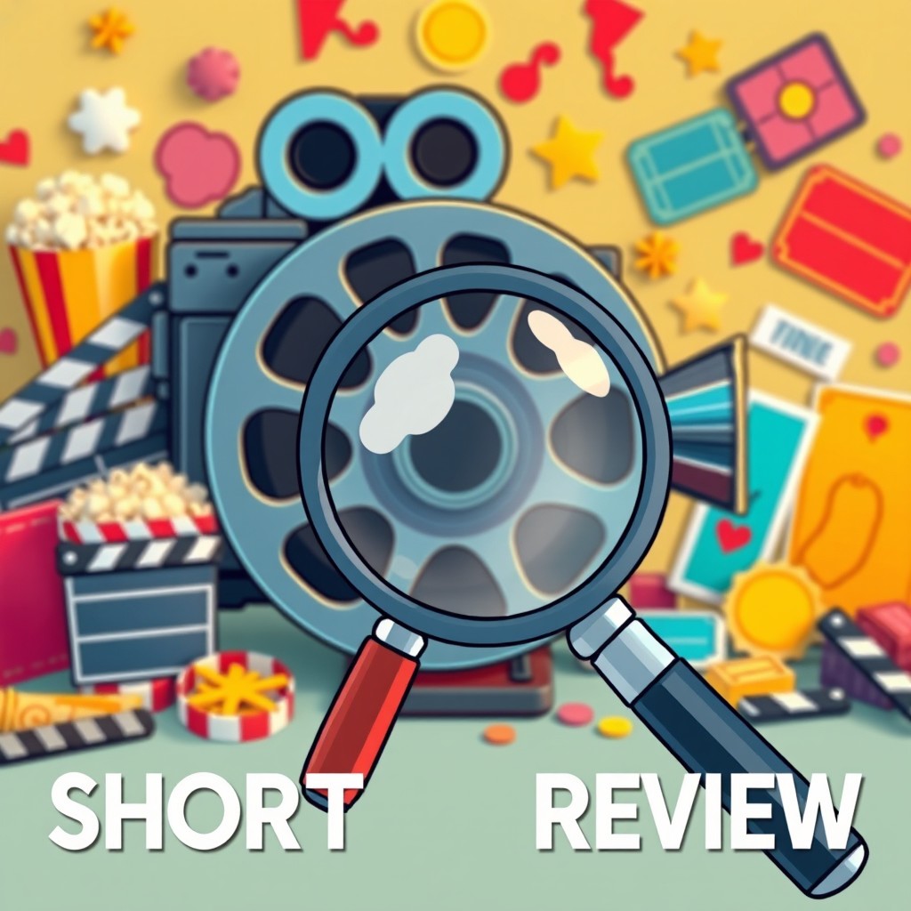 A stylish and captivating podcast cover photo for a short movie review show, featuring a prominently placed cartoon magnifying glass at the center