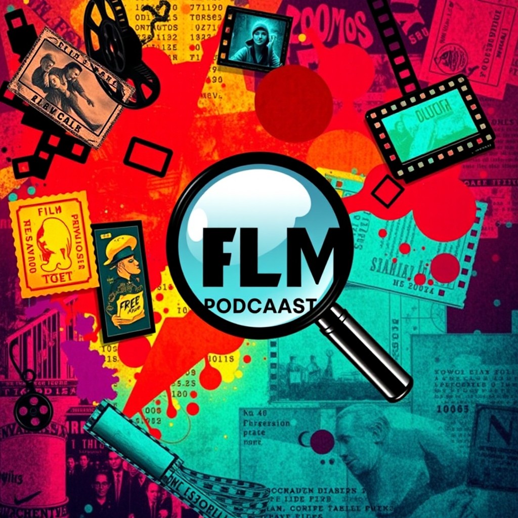 A striking podcast cover photo featuring a large, stylized magnifying glass at the center, representing the theme of discovery and analysis