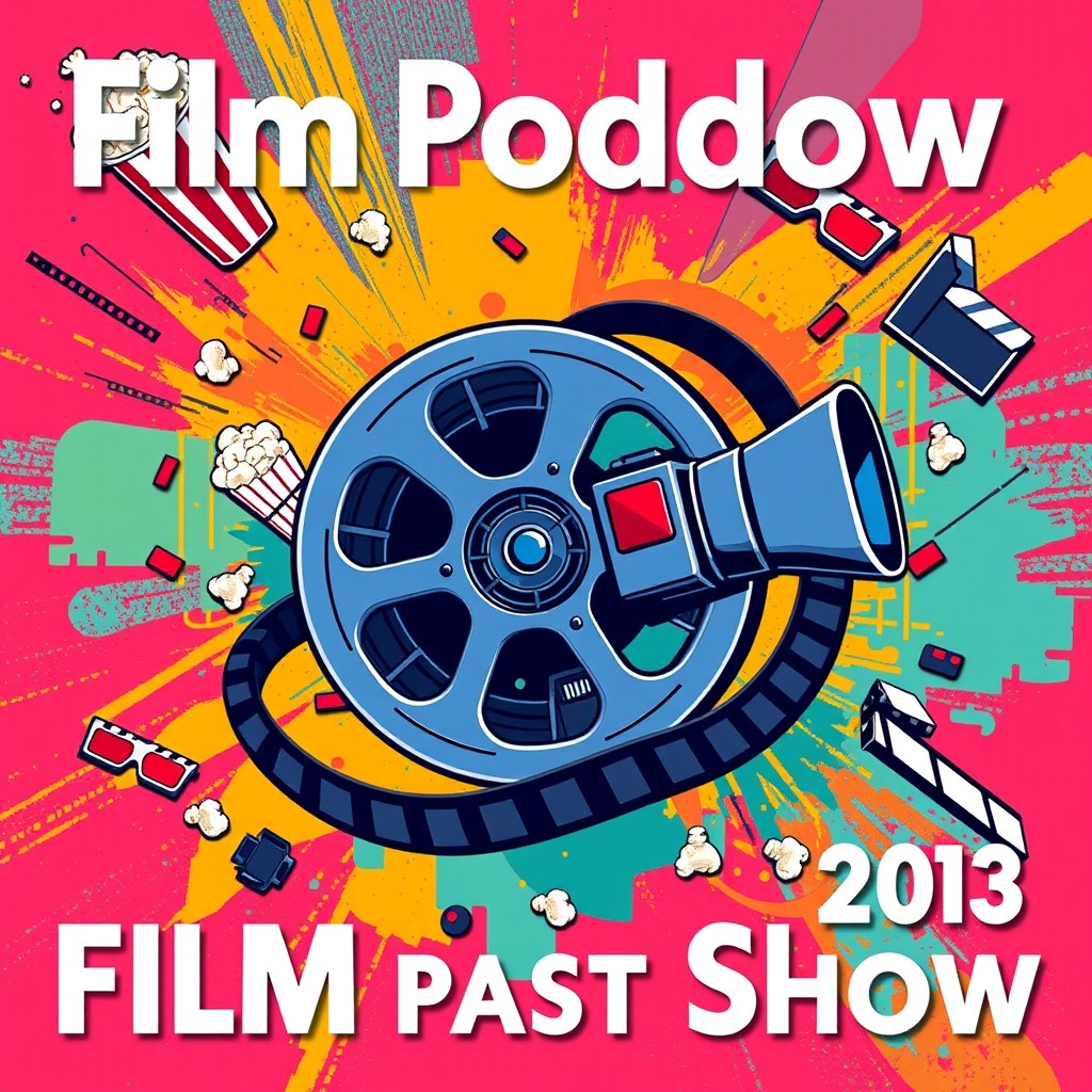 A dynamic and visually striking podcast cover for a film show, featuring an artistic representation of a classic film reel intertwined with a modern movie camera, set against a bold and colorful abstract background