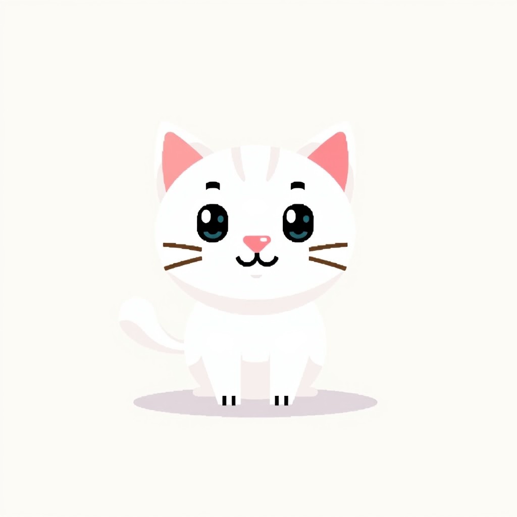 A cute, pixel art style white cat, featuring simple geometric shapes and bright colors