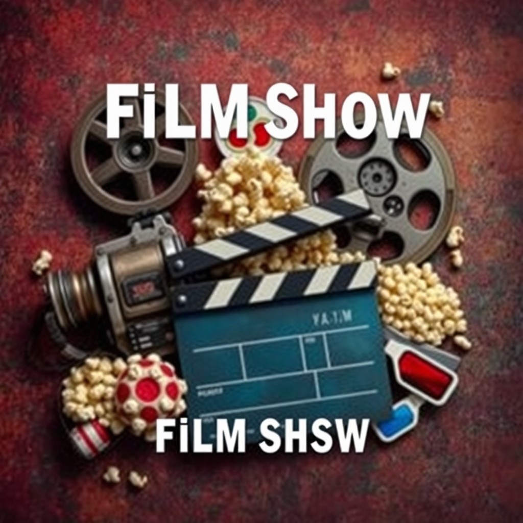A visually appealing podcast cover for a film show, featuring an artistic collage of iconic cinema elements such as a vintage movie camera, classic film reels, and a film clapperboard