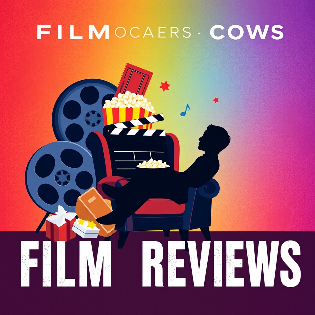 An engaging podcast cover for film reviews, featuring a stylish composition of movie-related elements such as a classic film reel, popcorn, a vintage movie ticket, and a film clapperboard