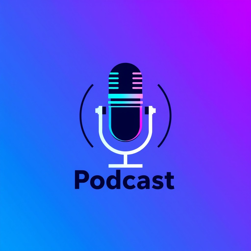 A modern and sleek podcast logo featuring a stylized microphone at its center