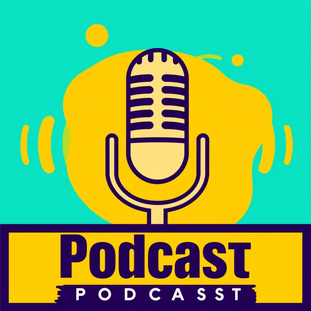 A modern podcast logo featuring a stylized microphone in the center, surrounded by abstract sound waves