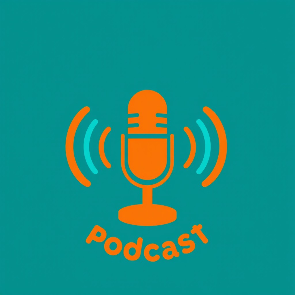 A modern podcast logo featuring a stylized microphone at the center, surrounded by abstract sound waves that emanate in a circular pattern