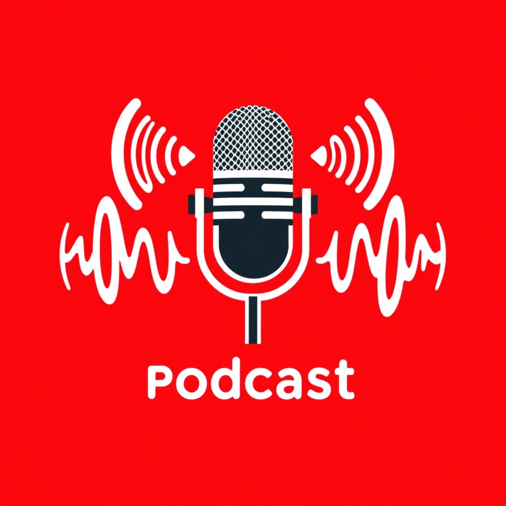 A modern podcast logo featuring a stylized microphone prominently in the center against a bold red background