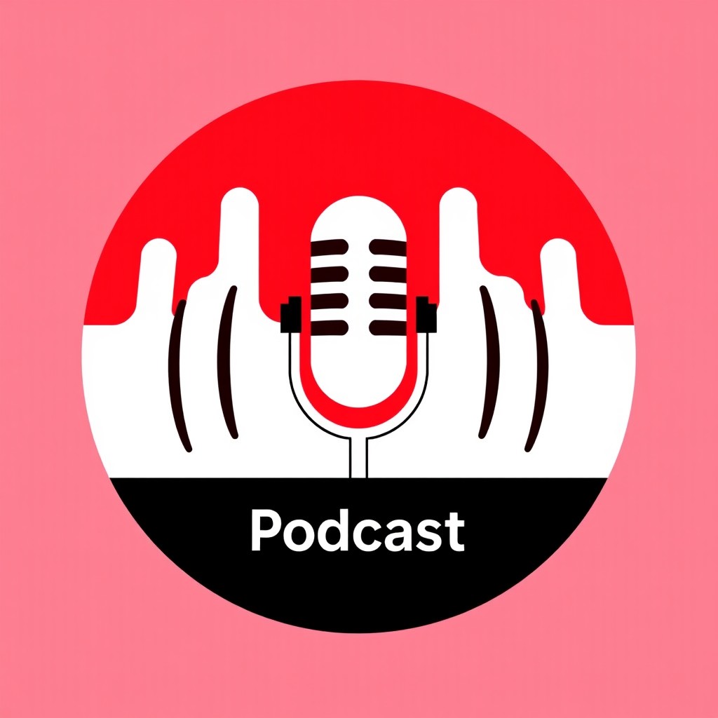 A modern podcast logo featuring a stylized microphone at the center with a sleek design