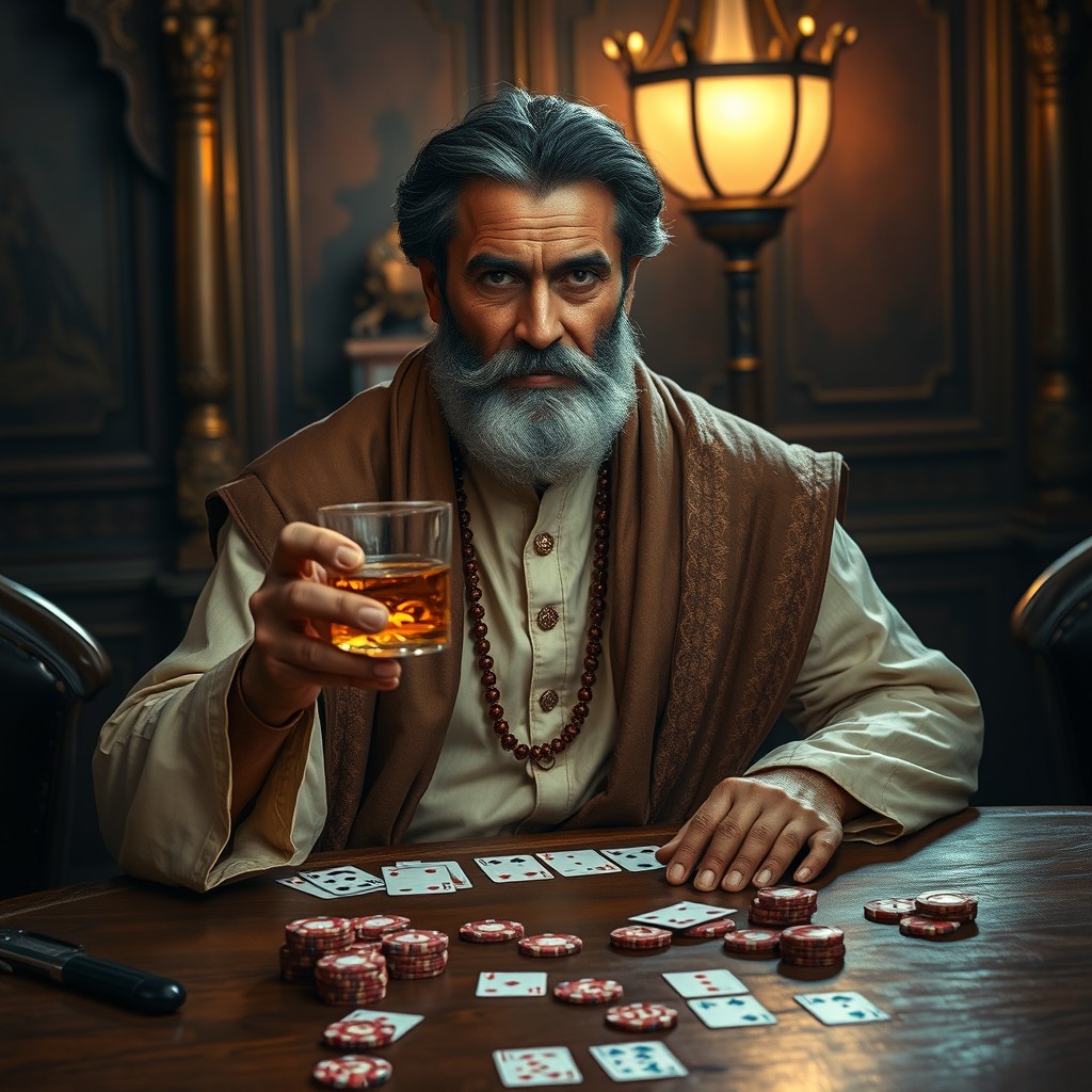 A middle-aged man reminiscent of Shakuni from Indian mythology, dressed in traditional attire with an elegant kurta and a heavy shawl, sitting at a wooden table playing cards with a focused expression