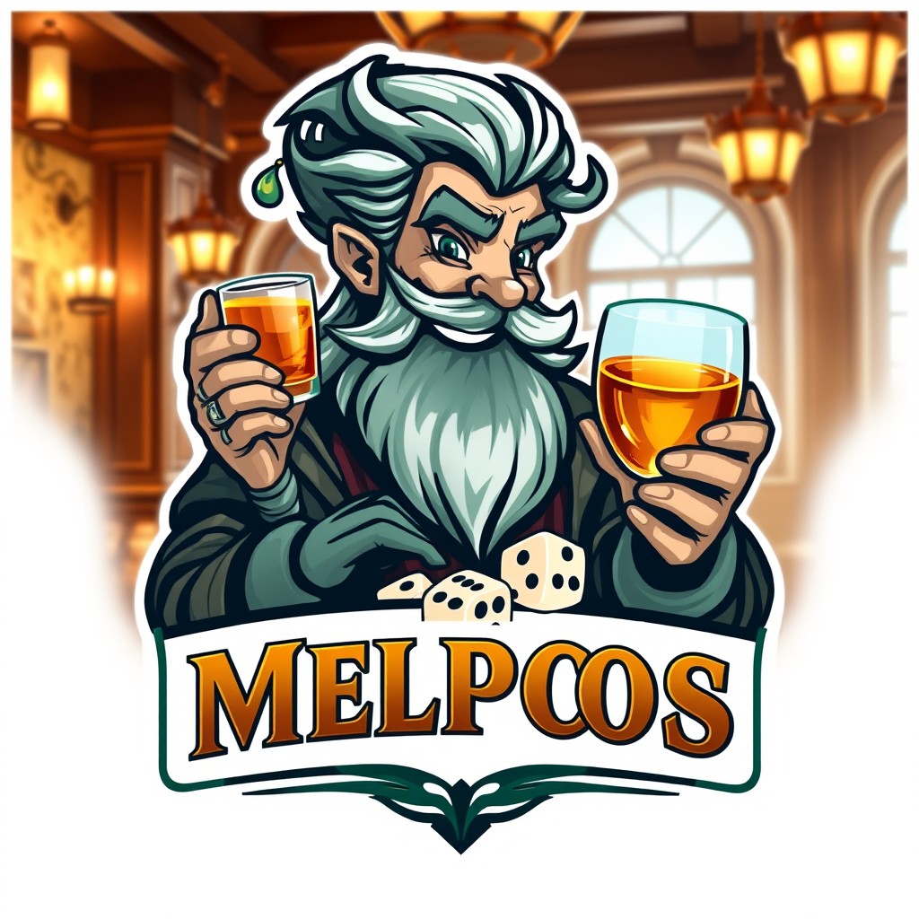 A captivating logo design featuring Melpos, an imaginative character inspired by mythical themes, depicted as a charismatic figure enjoying a glass of whiskey while rolling dice