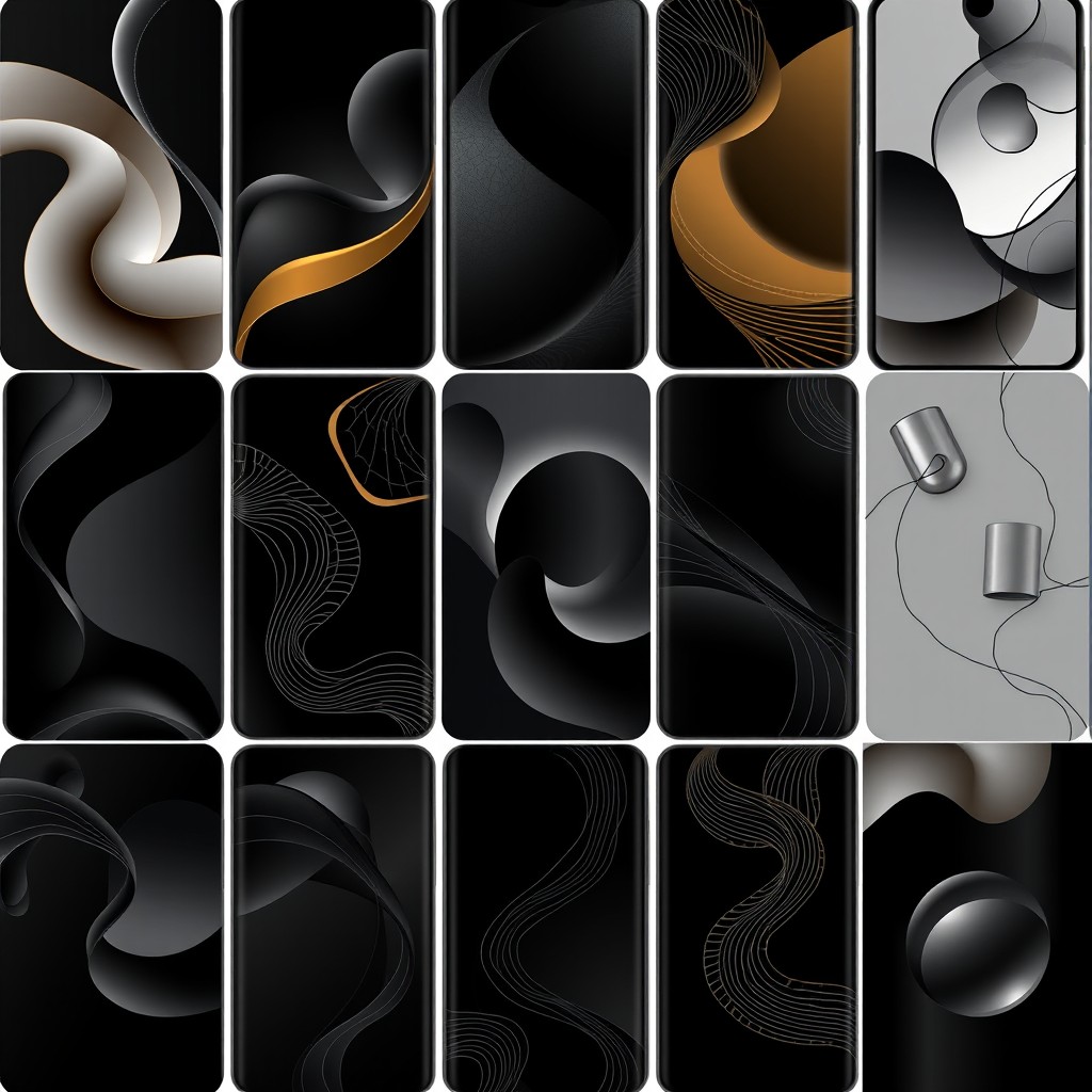 A stunning collection of black wallpapers for mobile phones, featuring various abstract designs, geometric shapes, and organic patterns