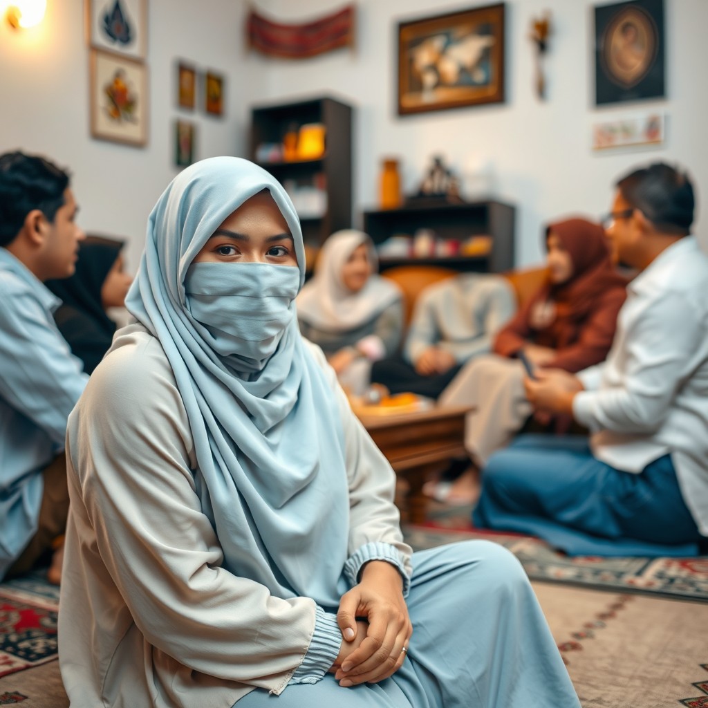 A Muslim woman wearing a light blue niqab that covers her mouth, sitting on the floor of a cozy living room surrounded by several other people
