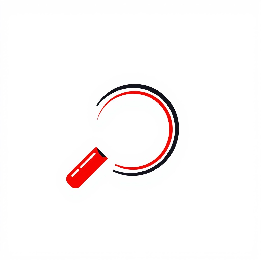 A modern and bold logo featuring a stylized magnifying glass, with the handle designed in a sleek black color and the lens depicted in a vibrant red to create a striking visual contrast