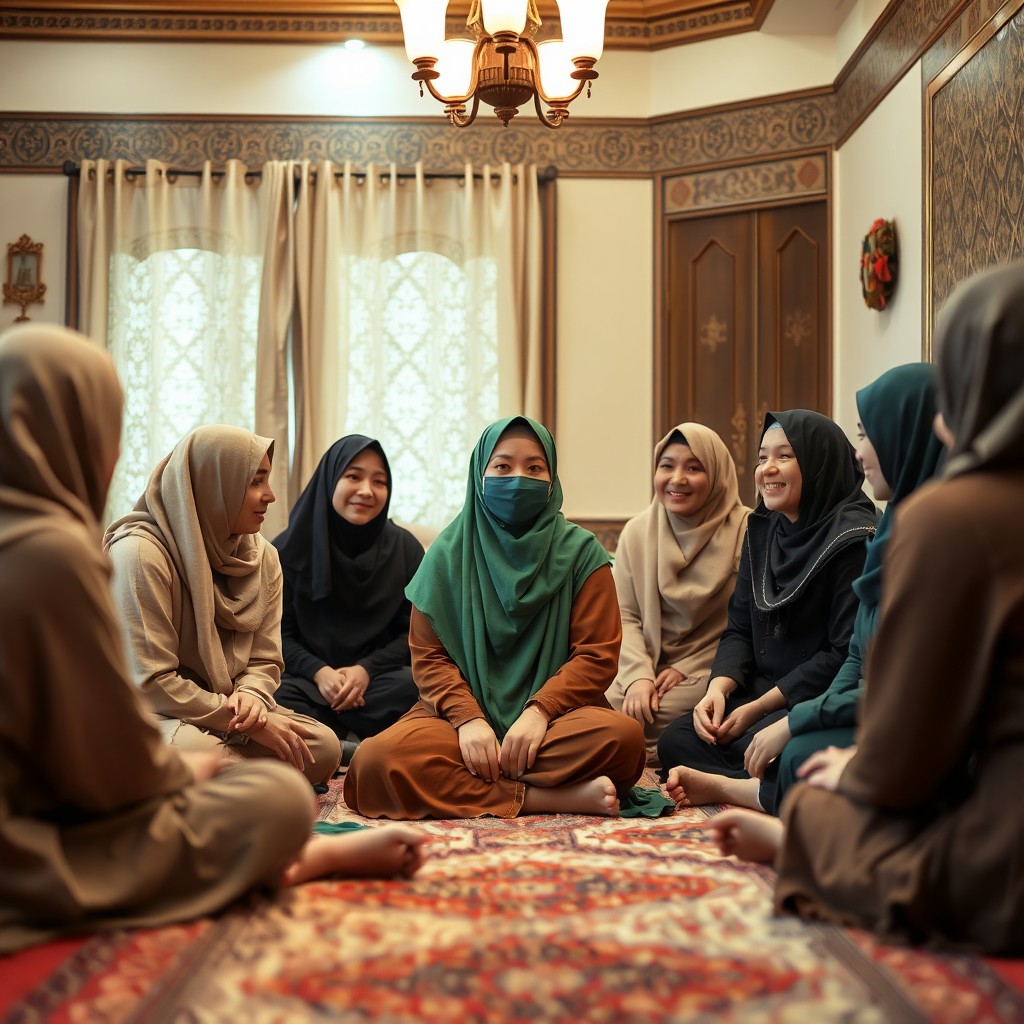 A Muslim woman wearing a green niqab that covers her mouth, seated on the floor of a house surrounded by several other women