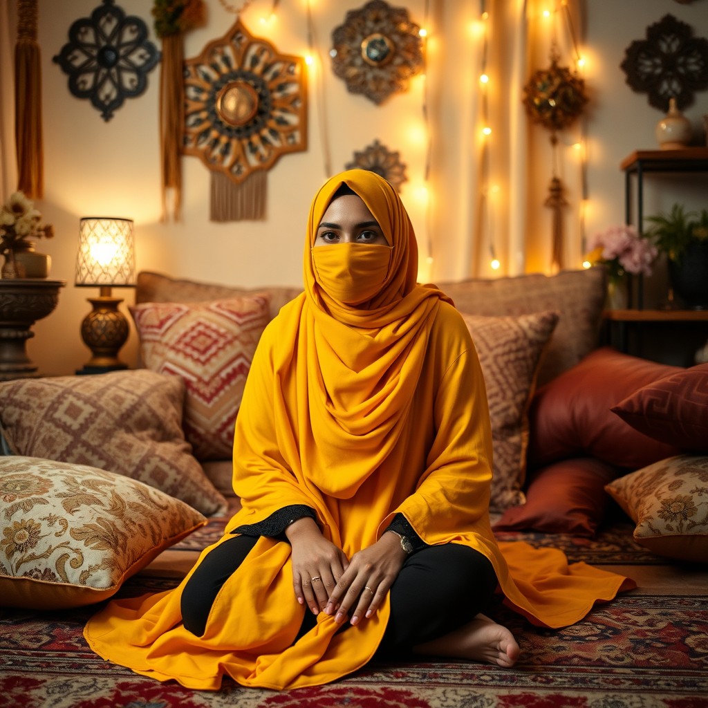 A Muslim woman wearing a bright yellow niqab that covers her mouth, seated on the floor of a cozy home surrounded by various decorative elements, such as traditional Middle Eastern decorations, plush cushions, and warm lighting creating an inviting atmosphere