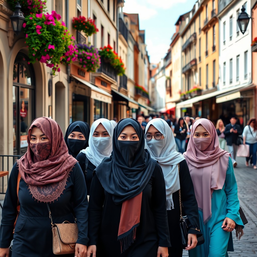 A group of Muslim women wearing niqabs that cover their mouths, walking together in a charming street in France, surrounded by historic architecture, cafes, and vibrant flowers
