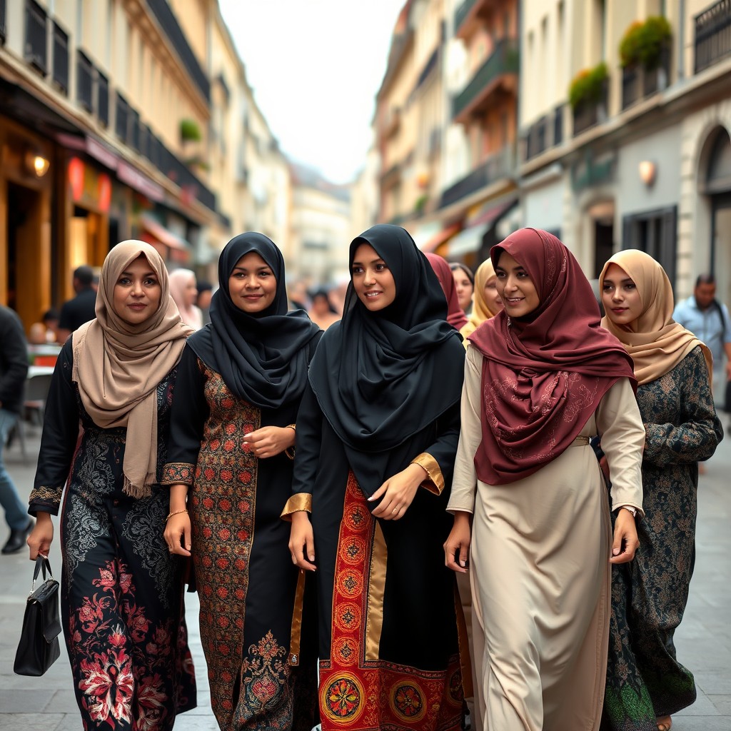 A group of Muslim women wearing niqabs that cover their mouths, walking together through the streets of France